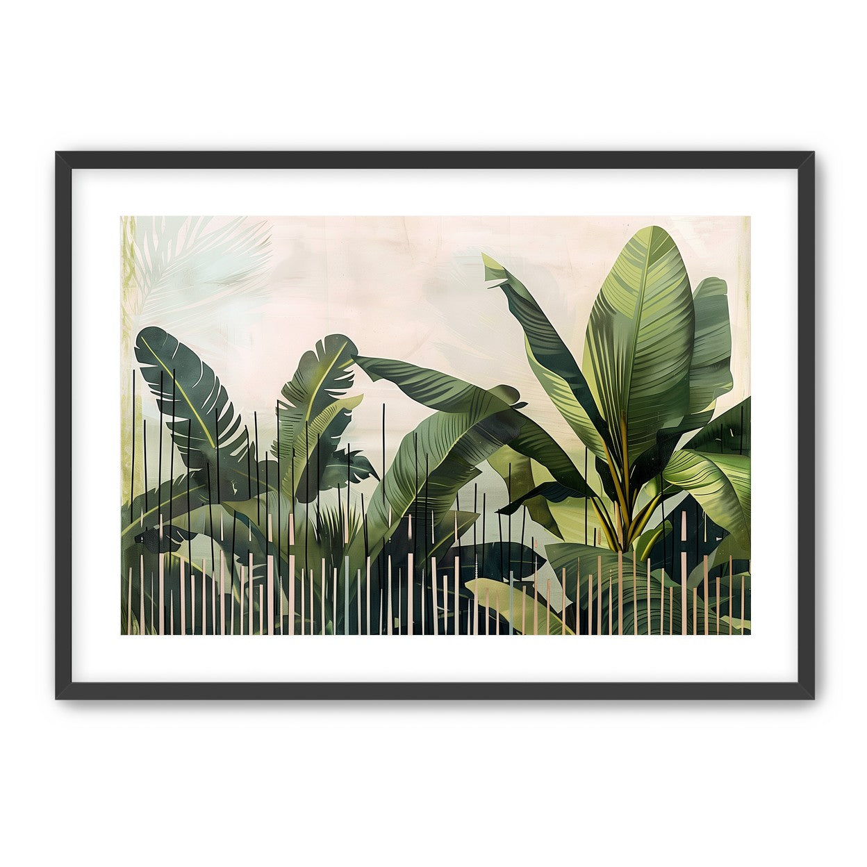 Tropical leaves behind black bars