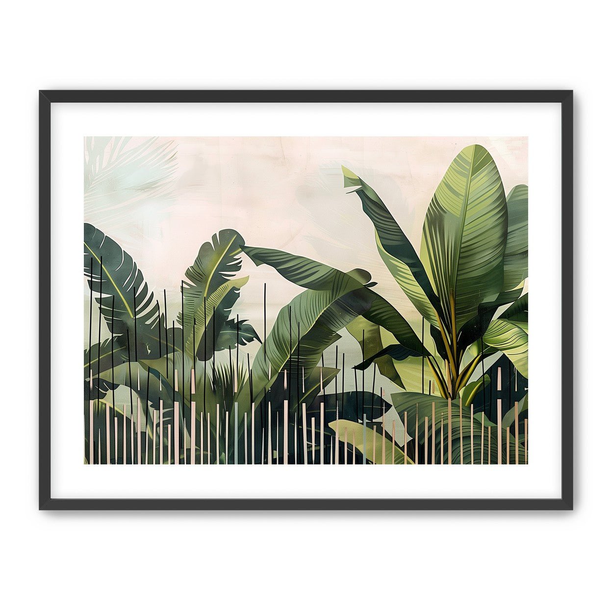 Tropical leaves behind black bars