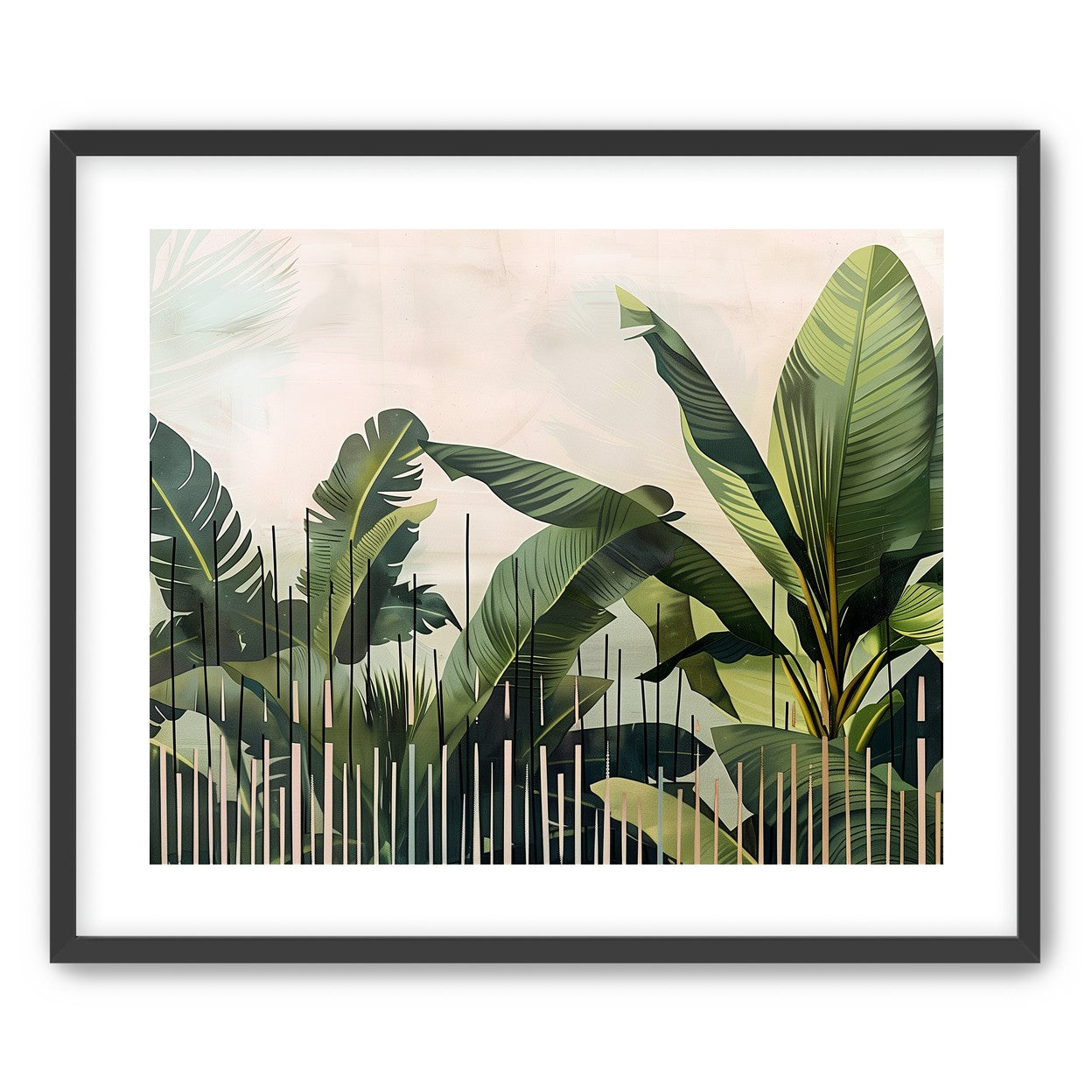 Tropical leaves behind black bars
