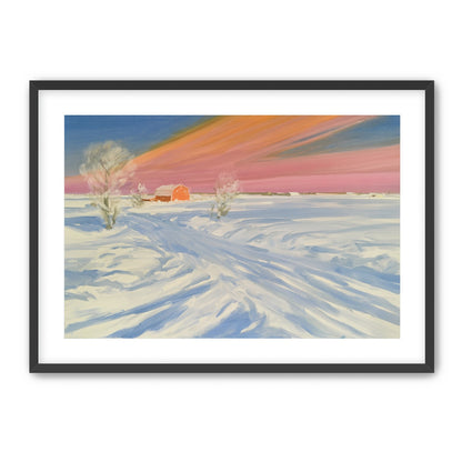 Pink sky over the red barn