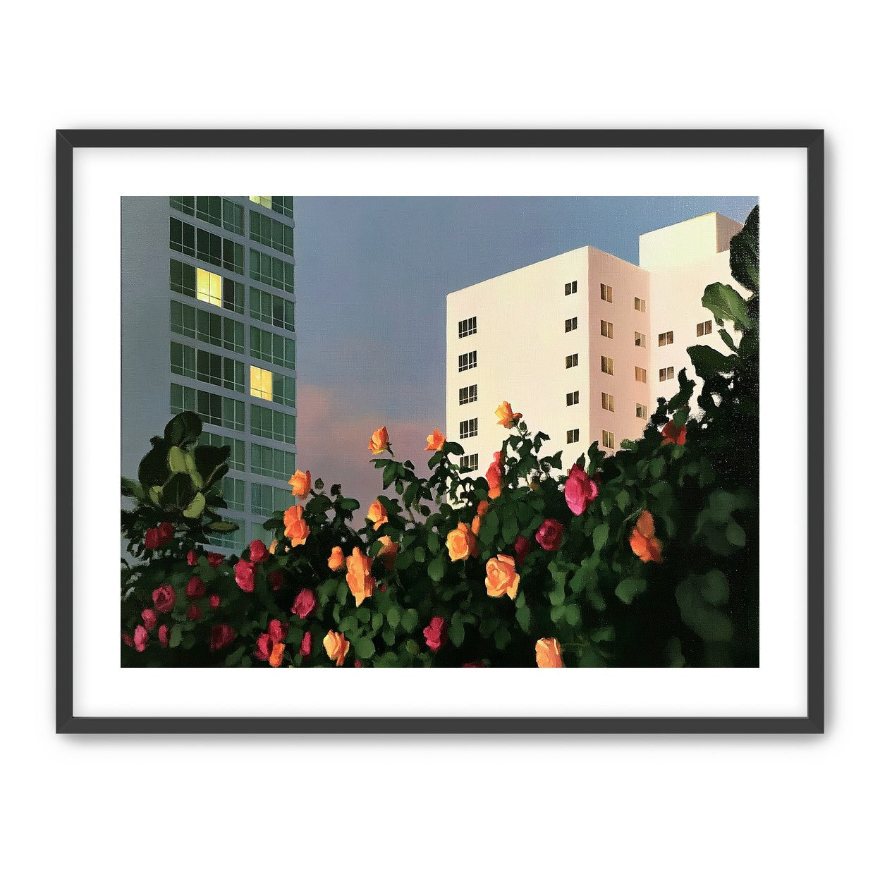Roses below lit windows