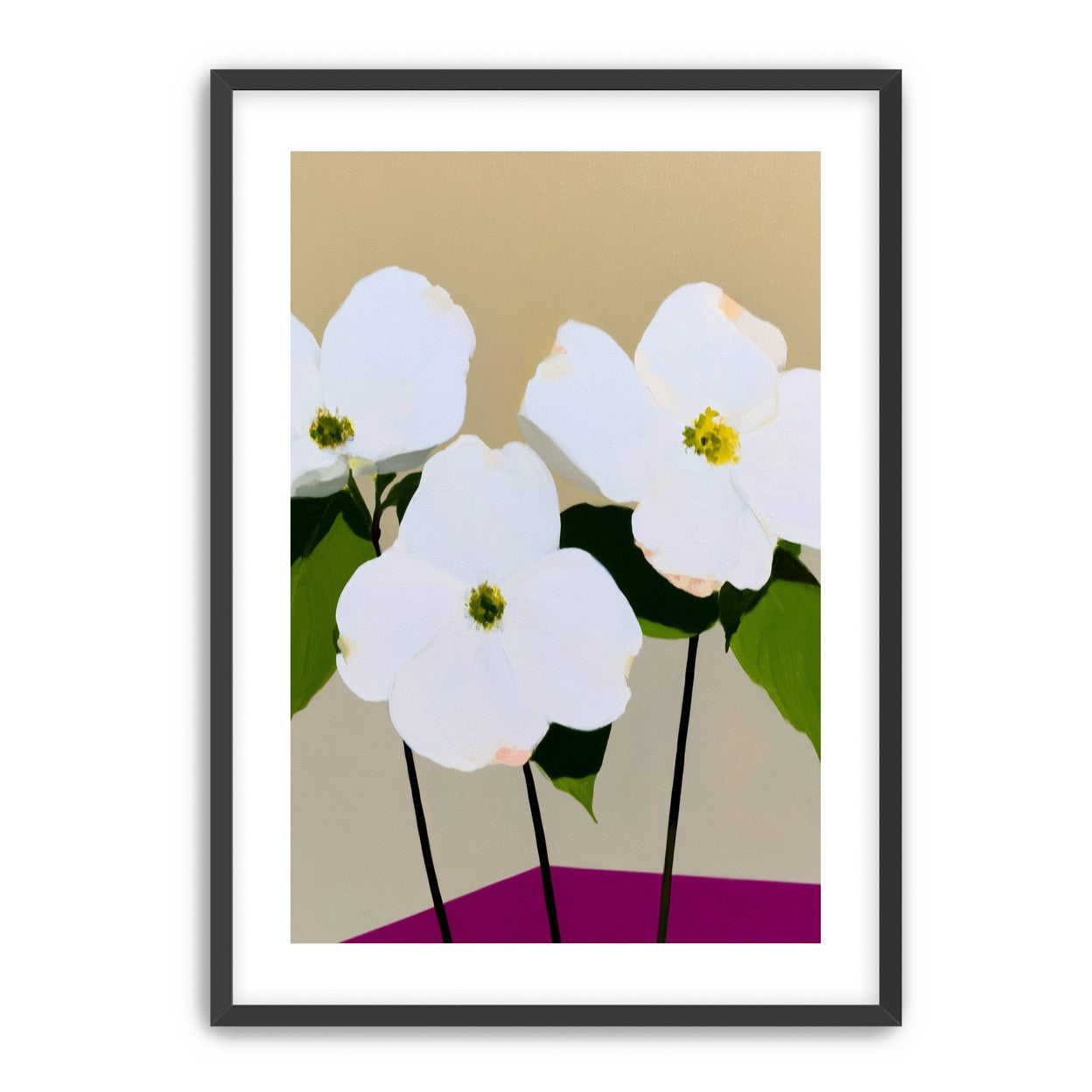 Three white flowers above purple