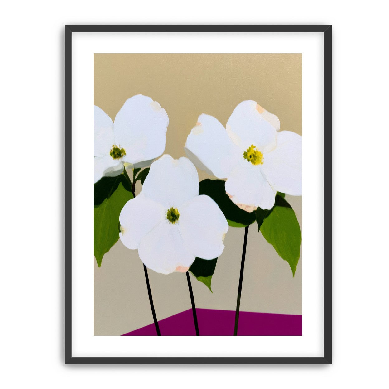 Three white flowers above purple