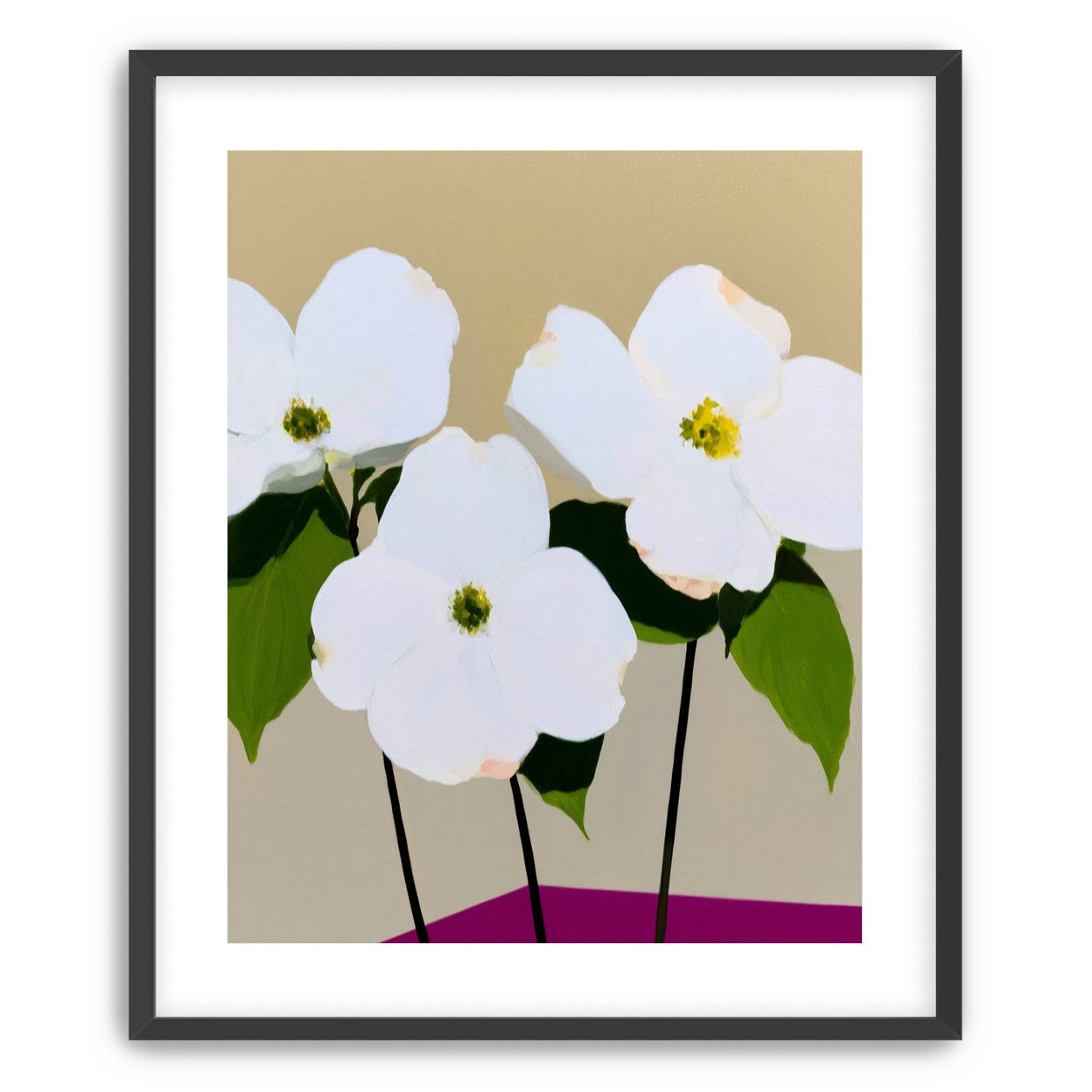 Three white flowers above purple