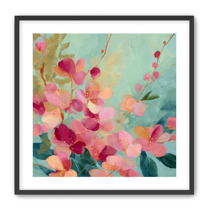 Pink blossoms drifting through teal