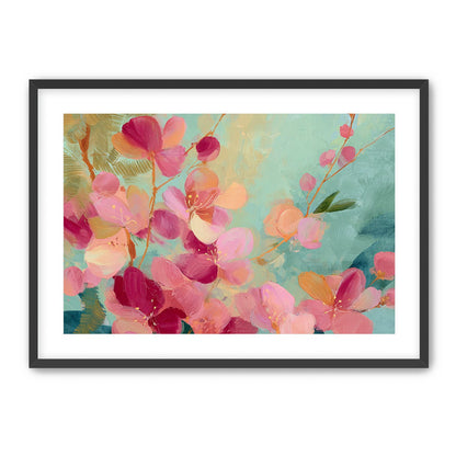 Pink blossoms drifting through teal
