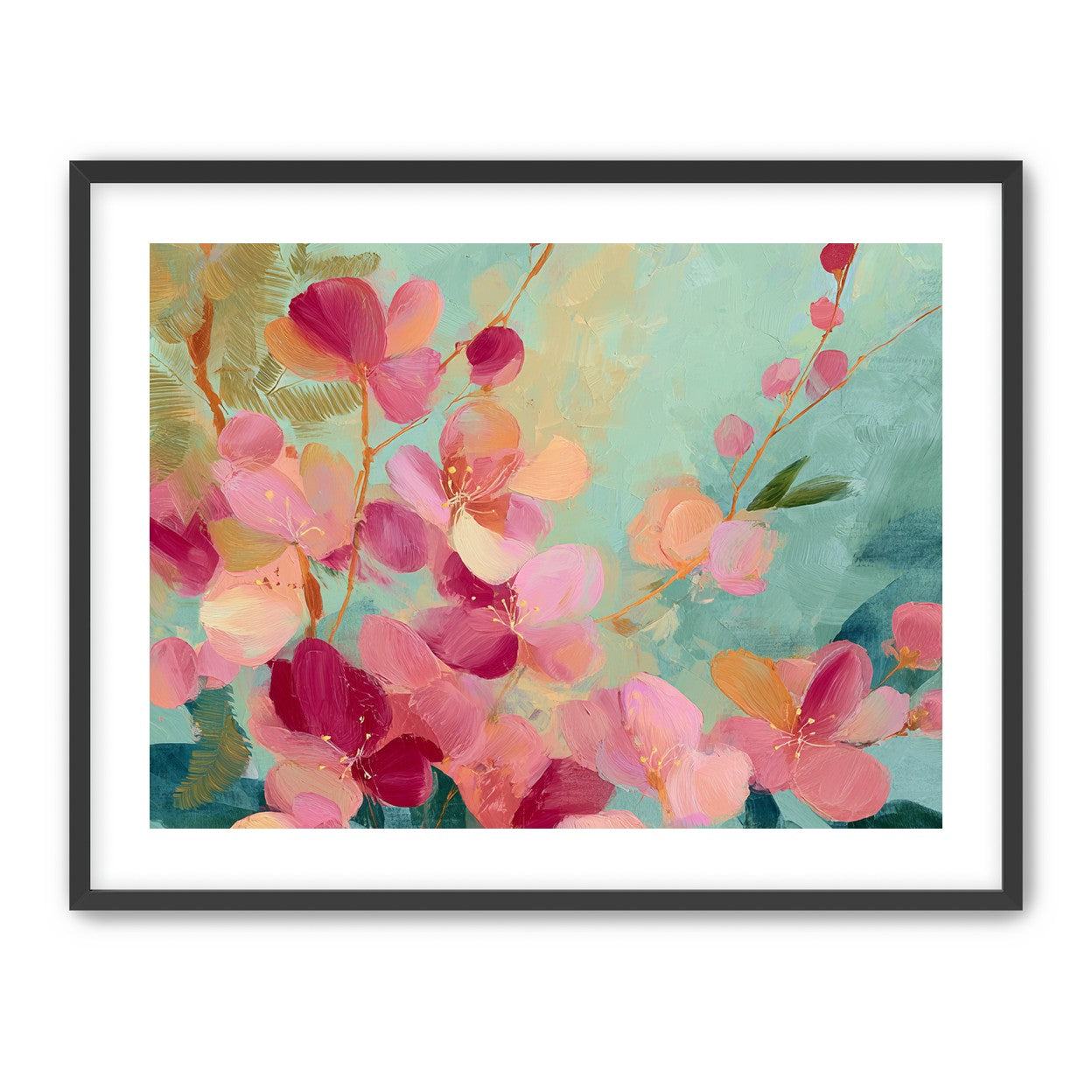 Pink blossoms drifting through teal