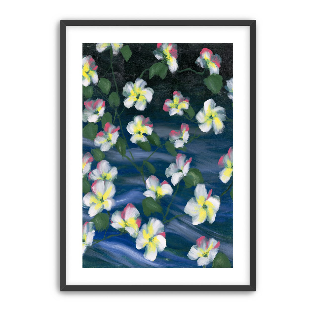 White flowers across deep blue