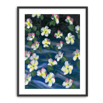 White flowers across deep blue