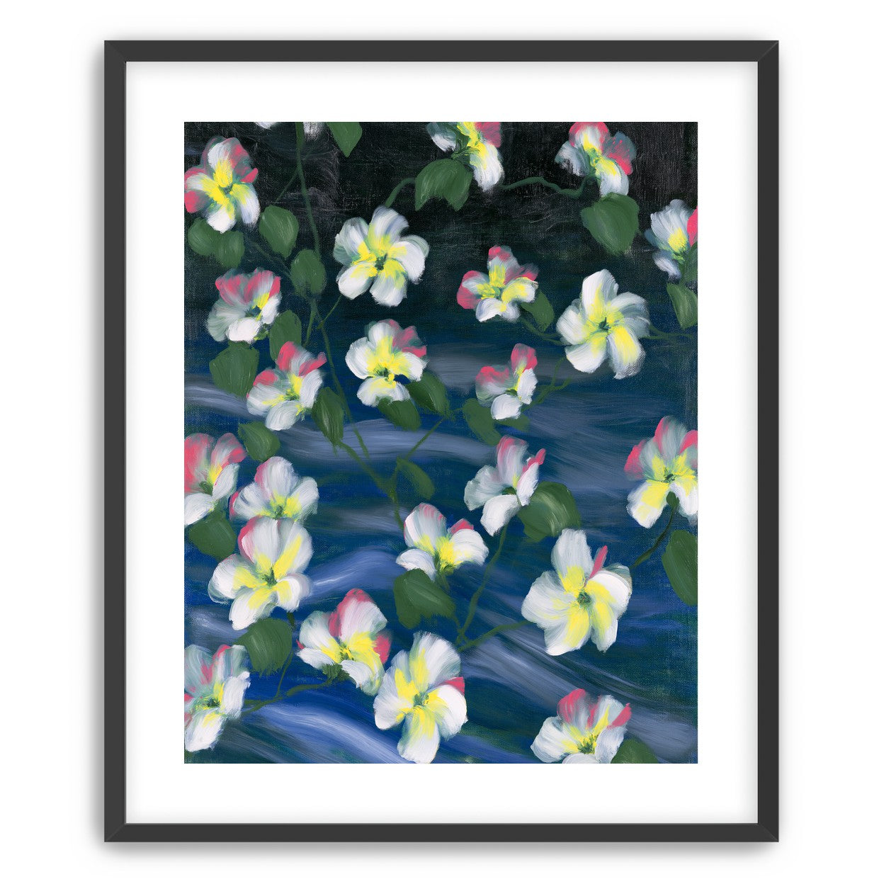 White flowers across deep blue