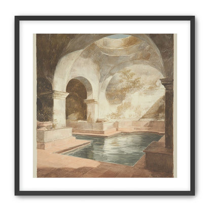 Courtyard pool beneath pale arches