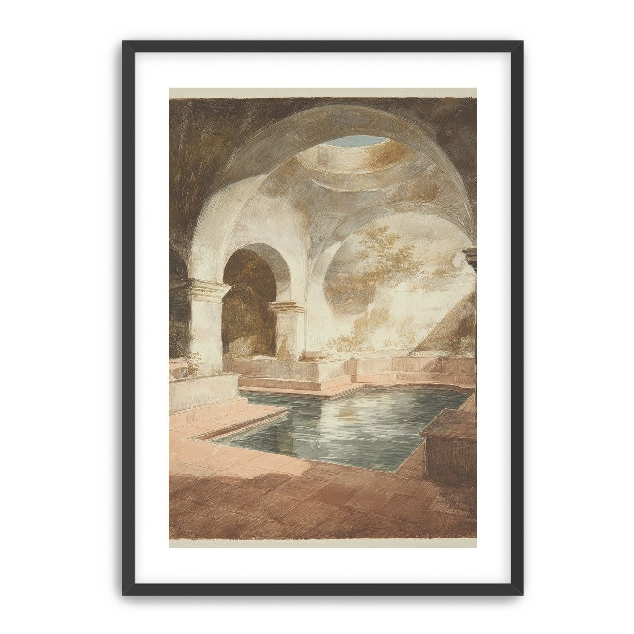 Courtyard pool beneath pale arches