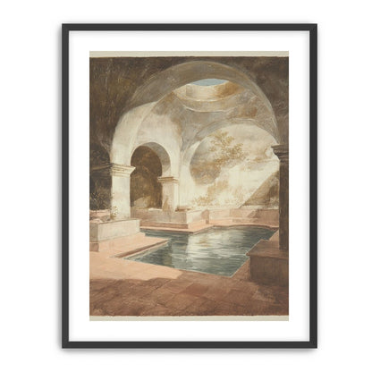 Courtyard pool beneath pale arches