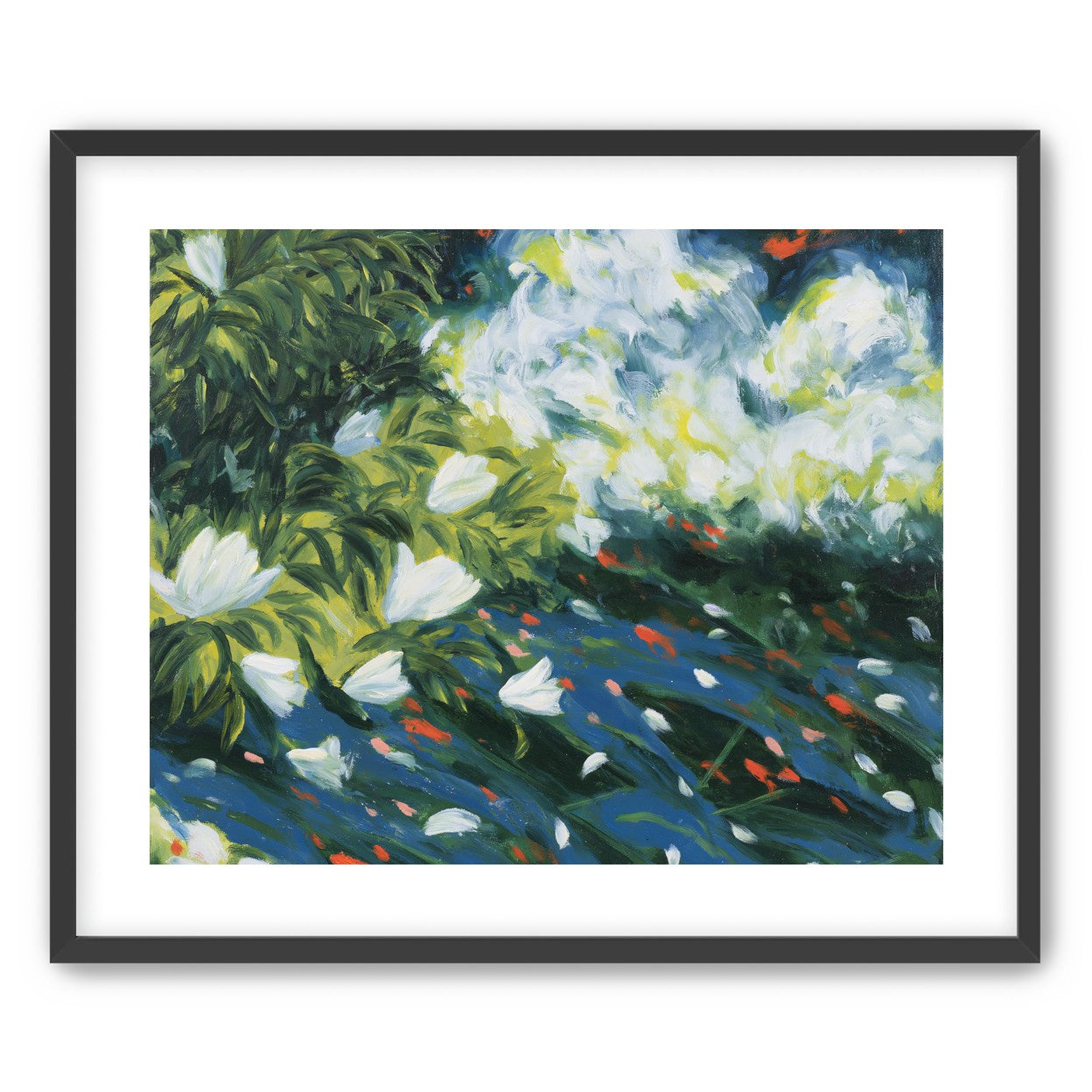 White petals on blue water