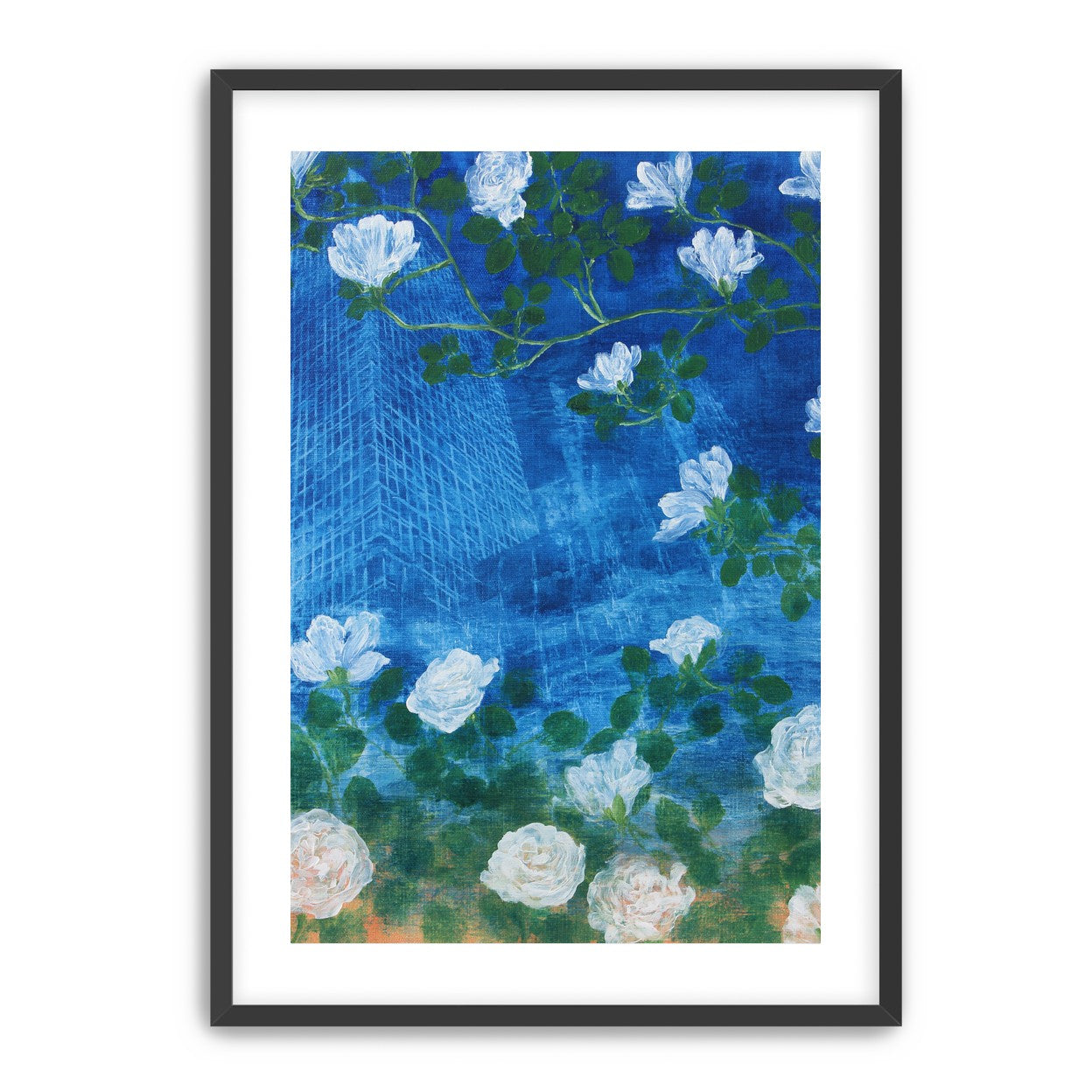 White blossoms on cobalt blue