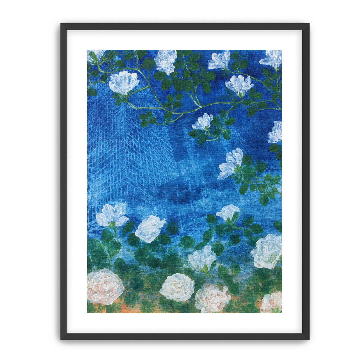 White blossoms on cobalt blue