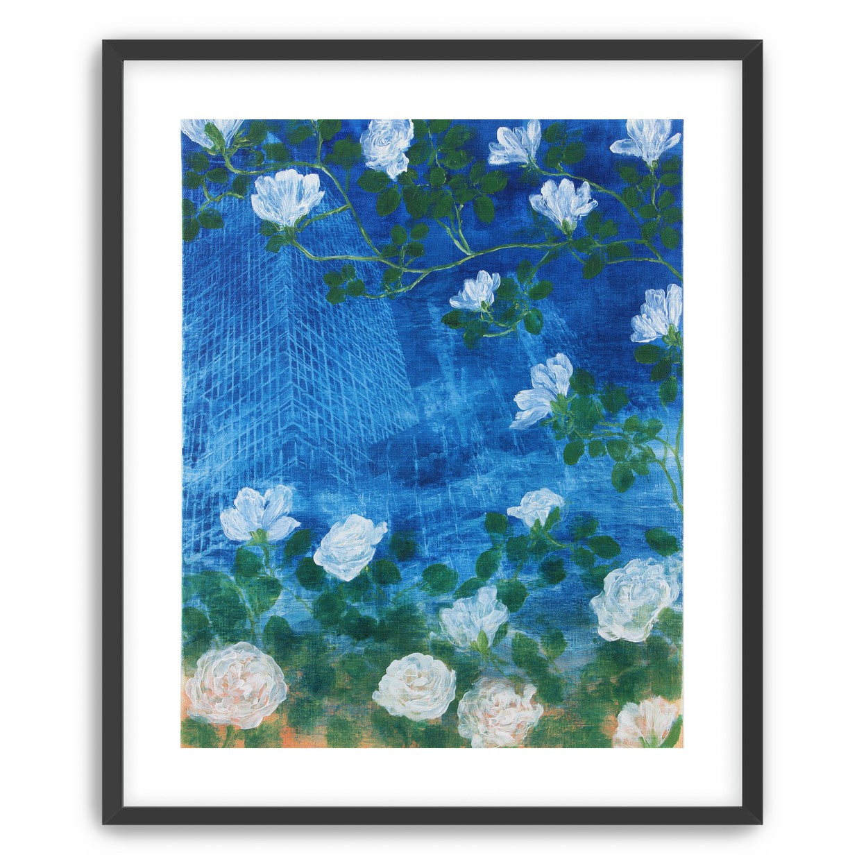 White blossoms on cobalt blue