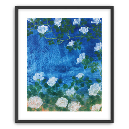White blossoms on cobalt blue