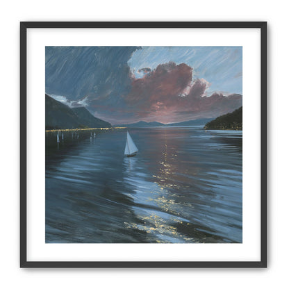 A sailboat beneath storm clouds