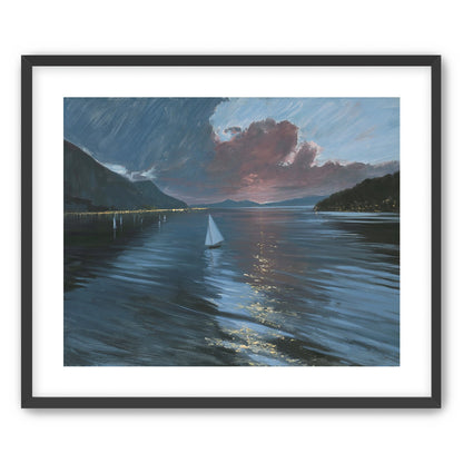 A sailboat beneath storm clouds