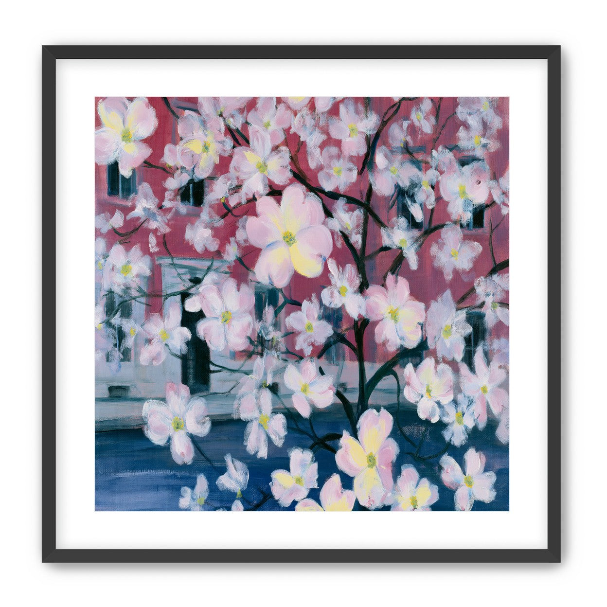Blossoms across red windows