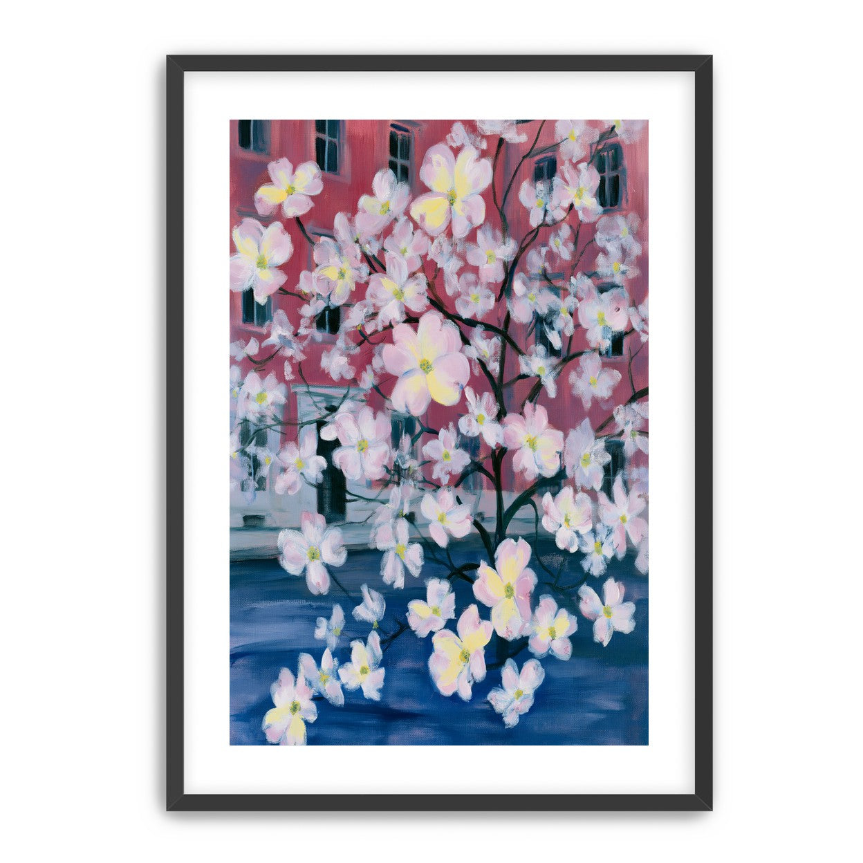 Blossoms across red windows