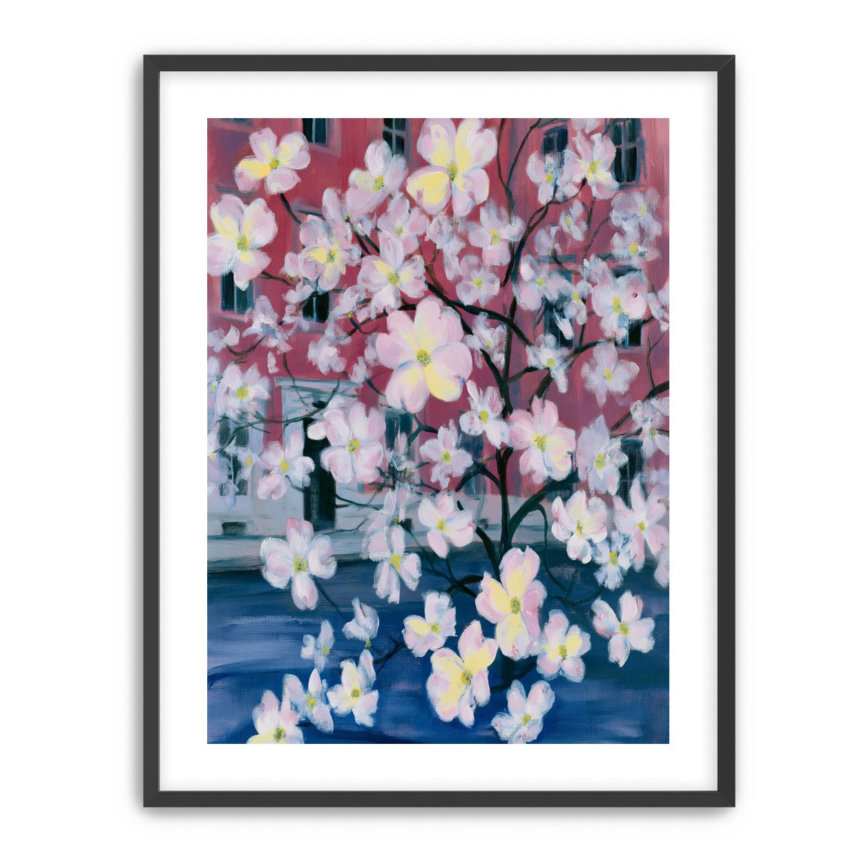 Blossoms across red windows