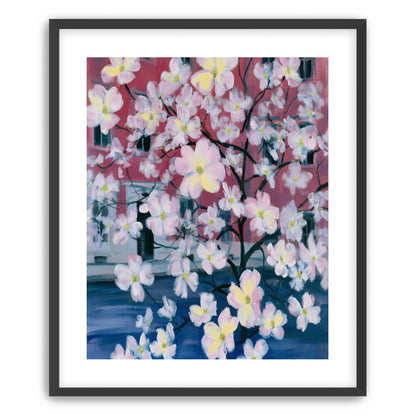 Blossoms across red windows