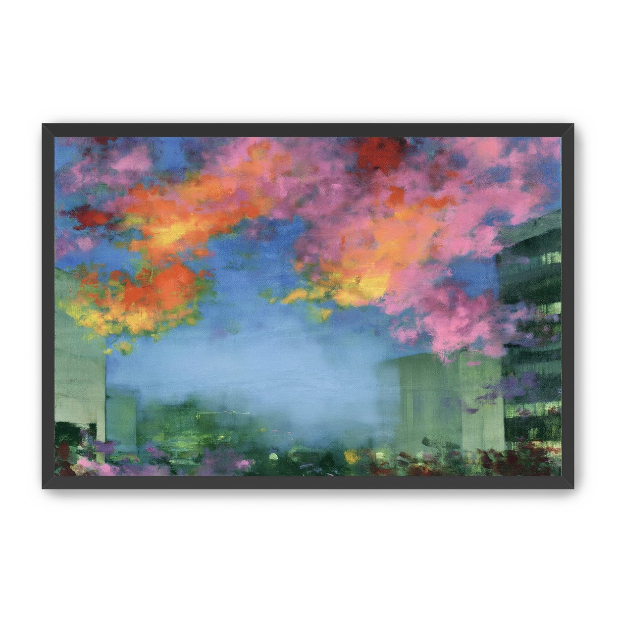 Neon clouds over rooftops