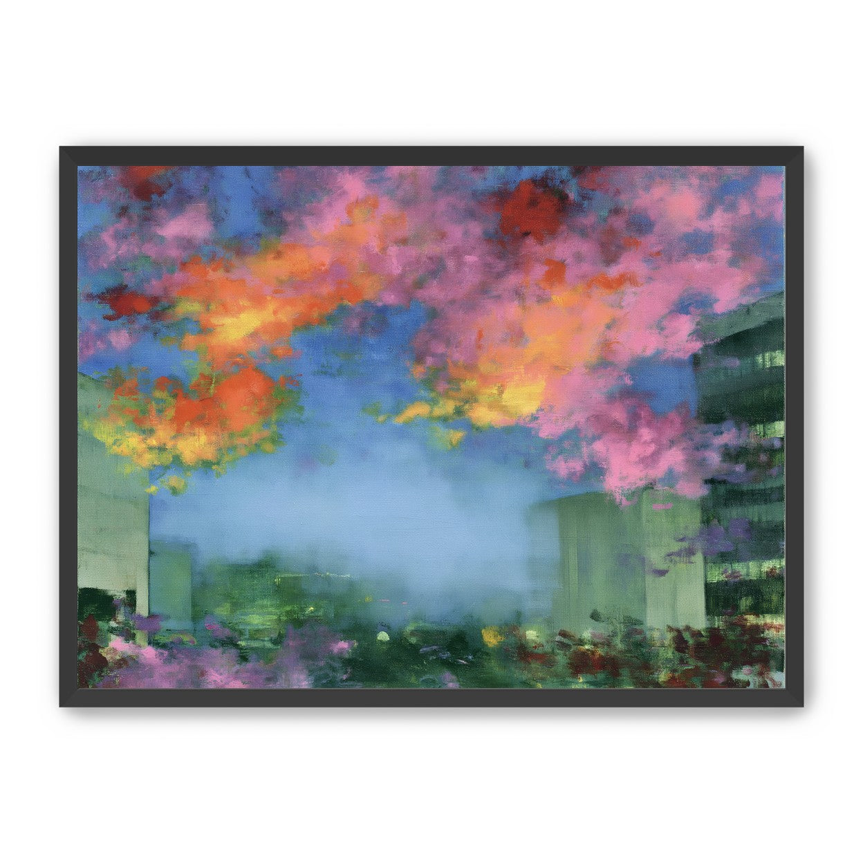 Neon clouds over rooftops