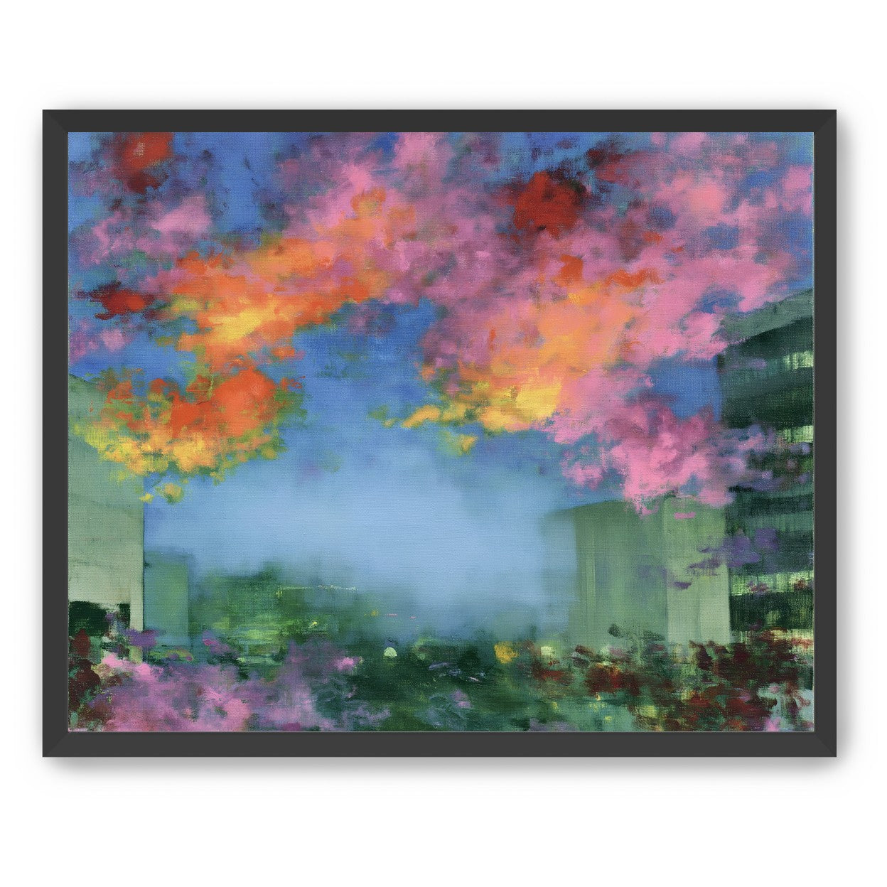 Neon clouds over rooftops