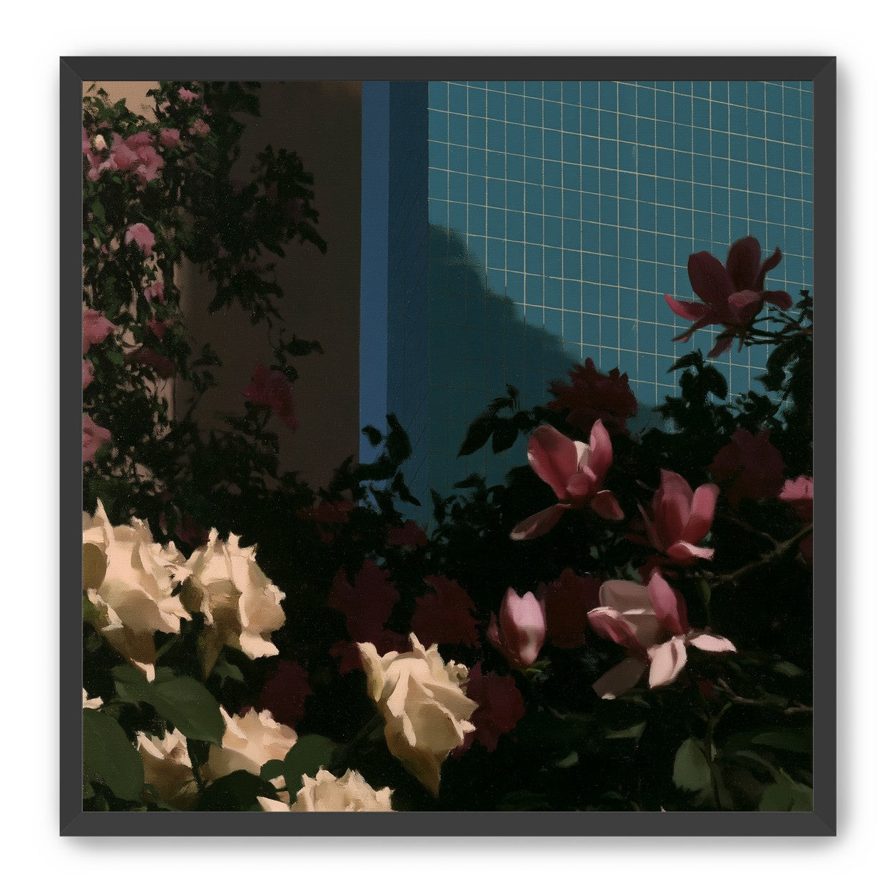 Flowers beneath the tiled wall
