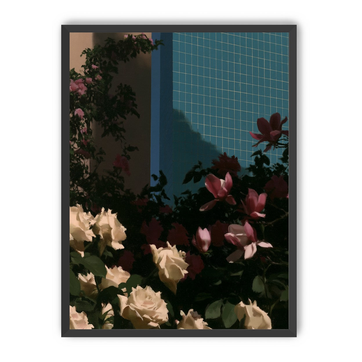 Flowers beneath the tiled wall