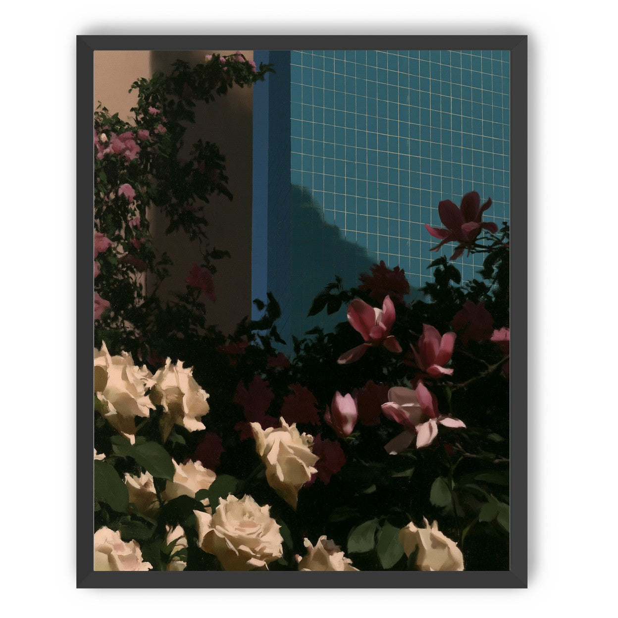 Flowers beneath the tiled wall