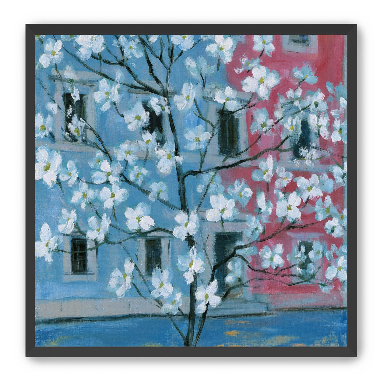 White blossoms across blue and pink