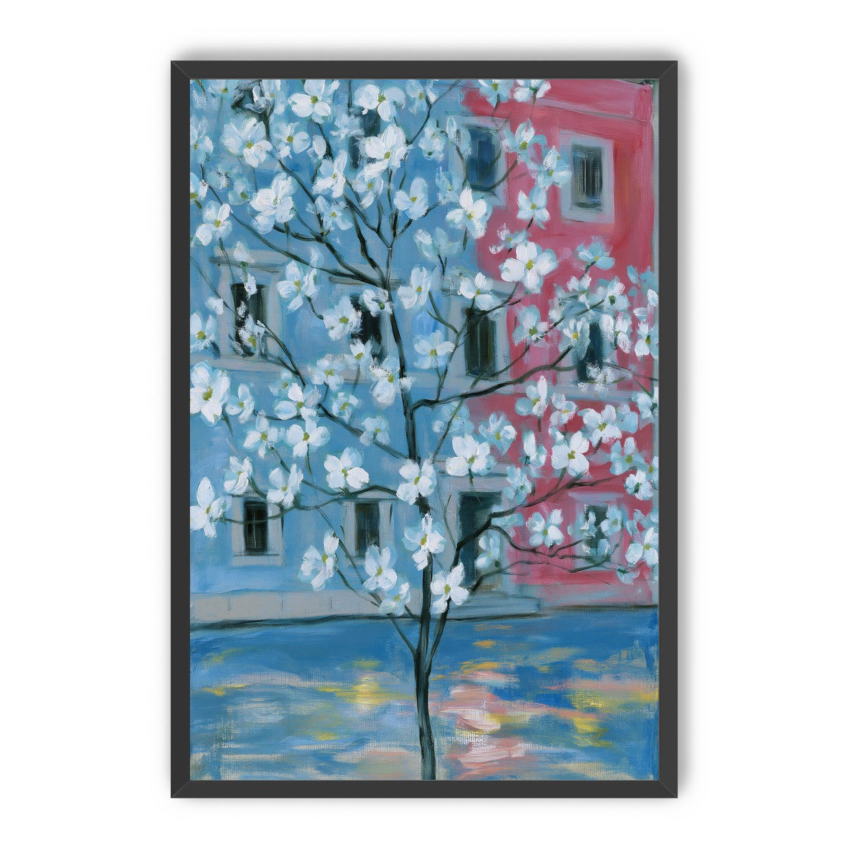 White blossoms across blue and pink