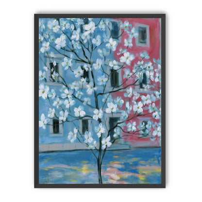 White blossoms across blue and pink