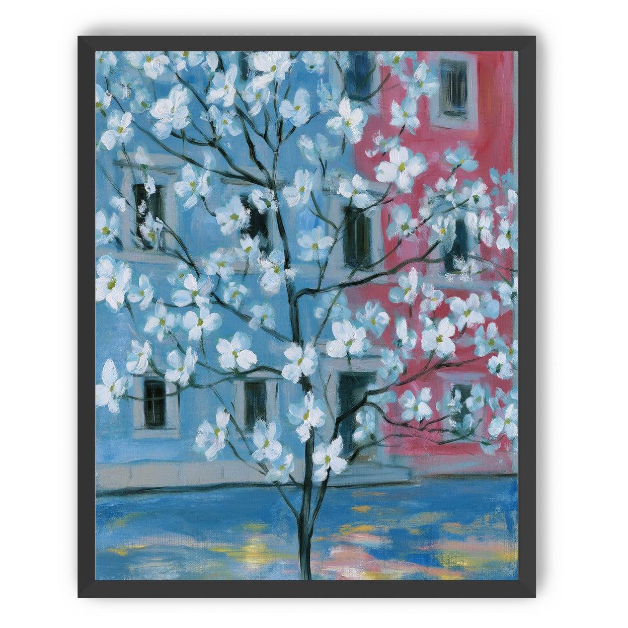 White blossoms across blue and pink