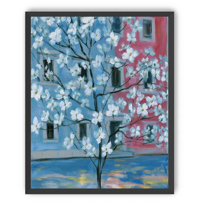 White blossoms across blue and pink