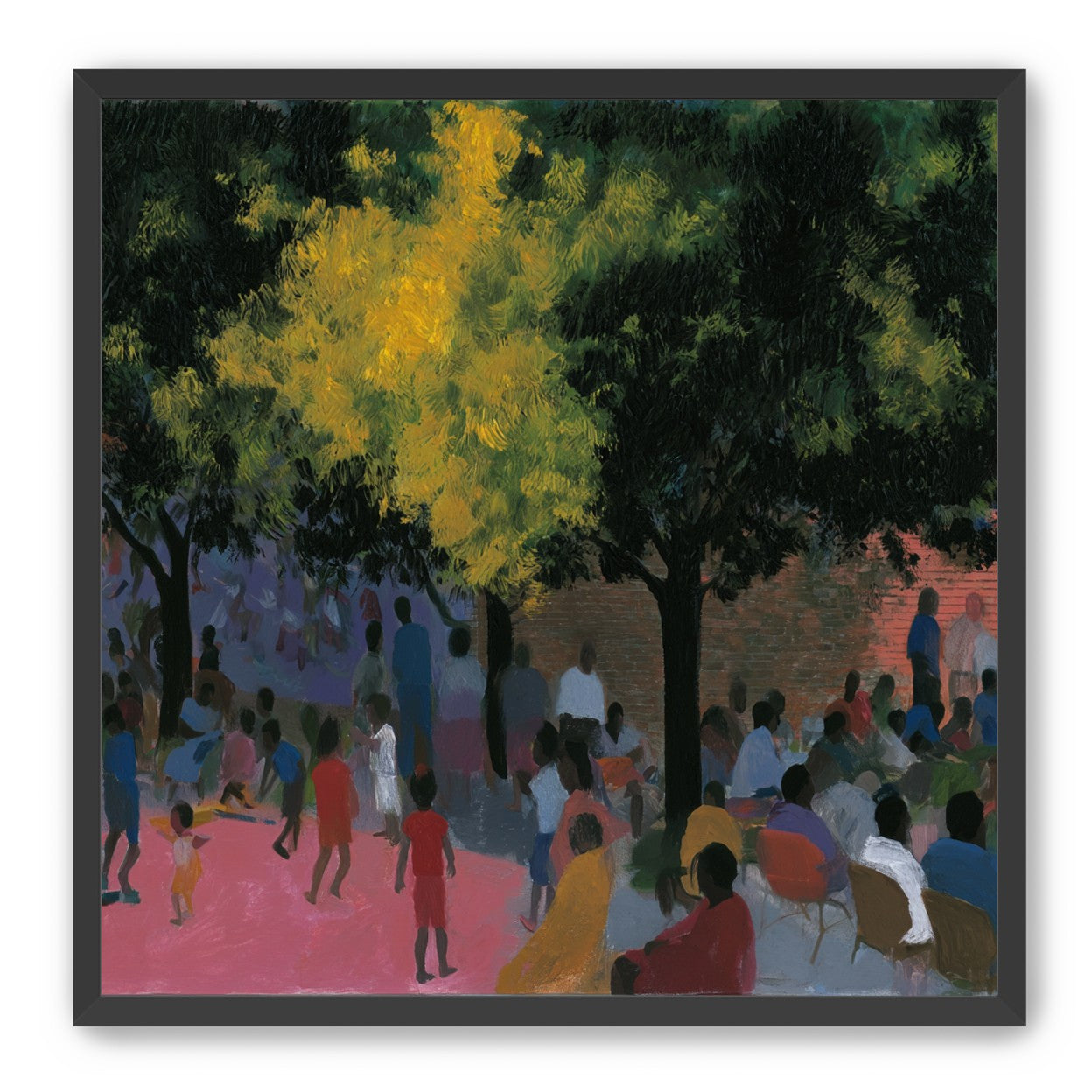 Children playing under trees