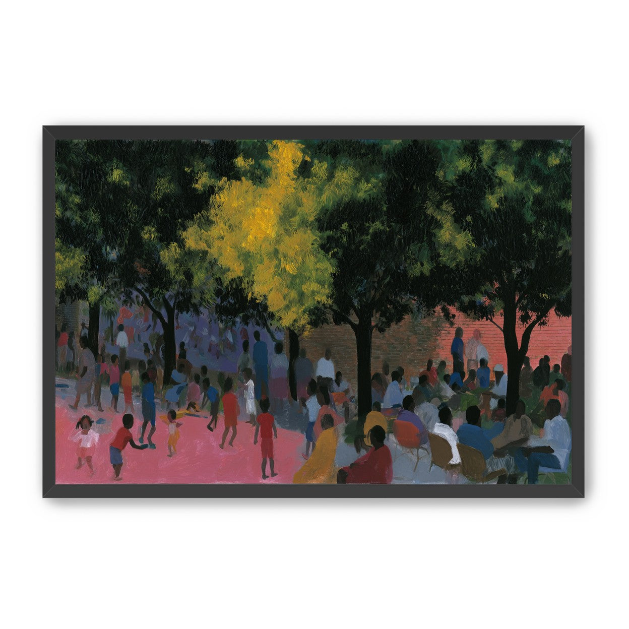 Children playing under trees