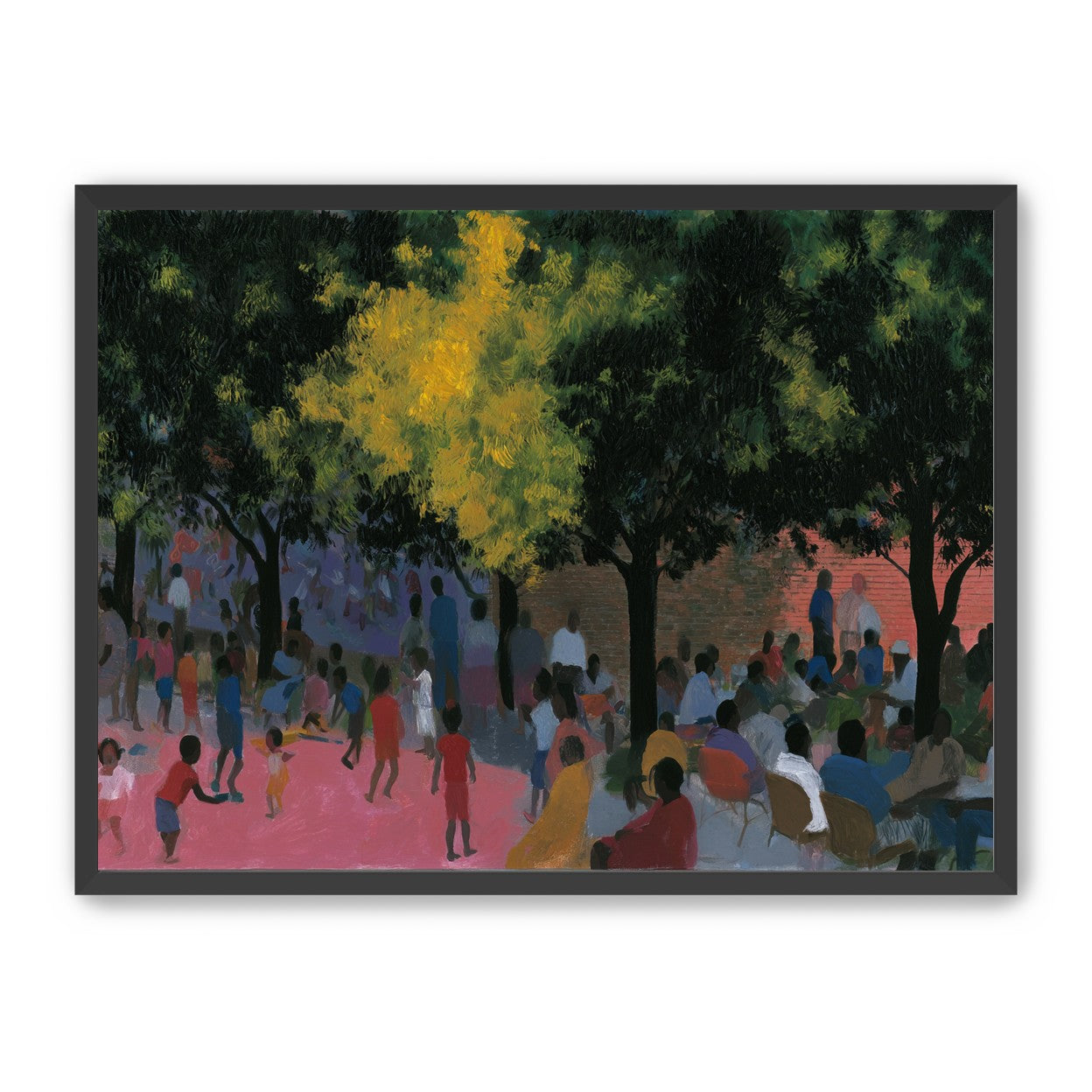 Children playing under trees