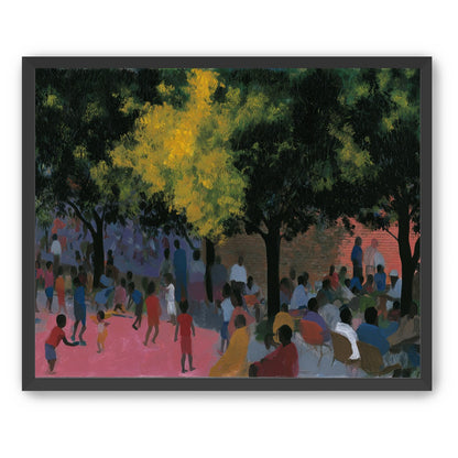 Children playing under trees