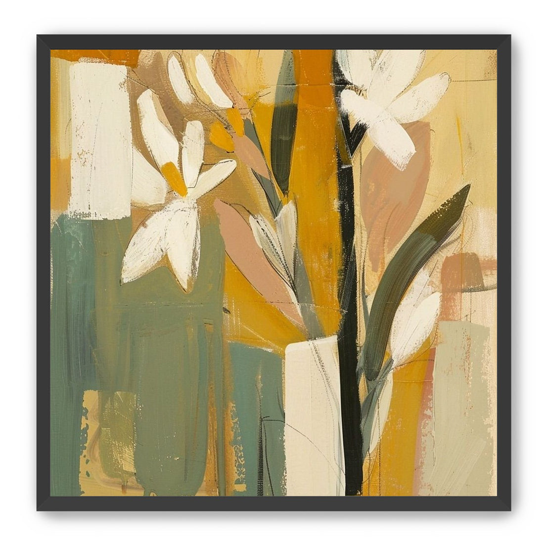 White flowers in ochre blocks