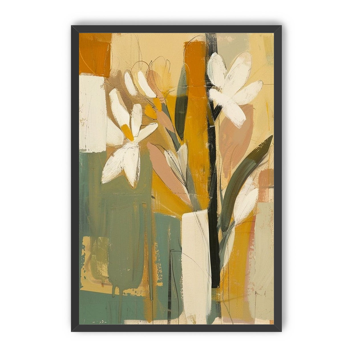White flowers in ochre blocks