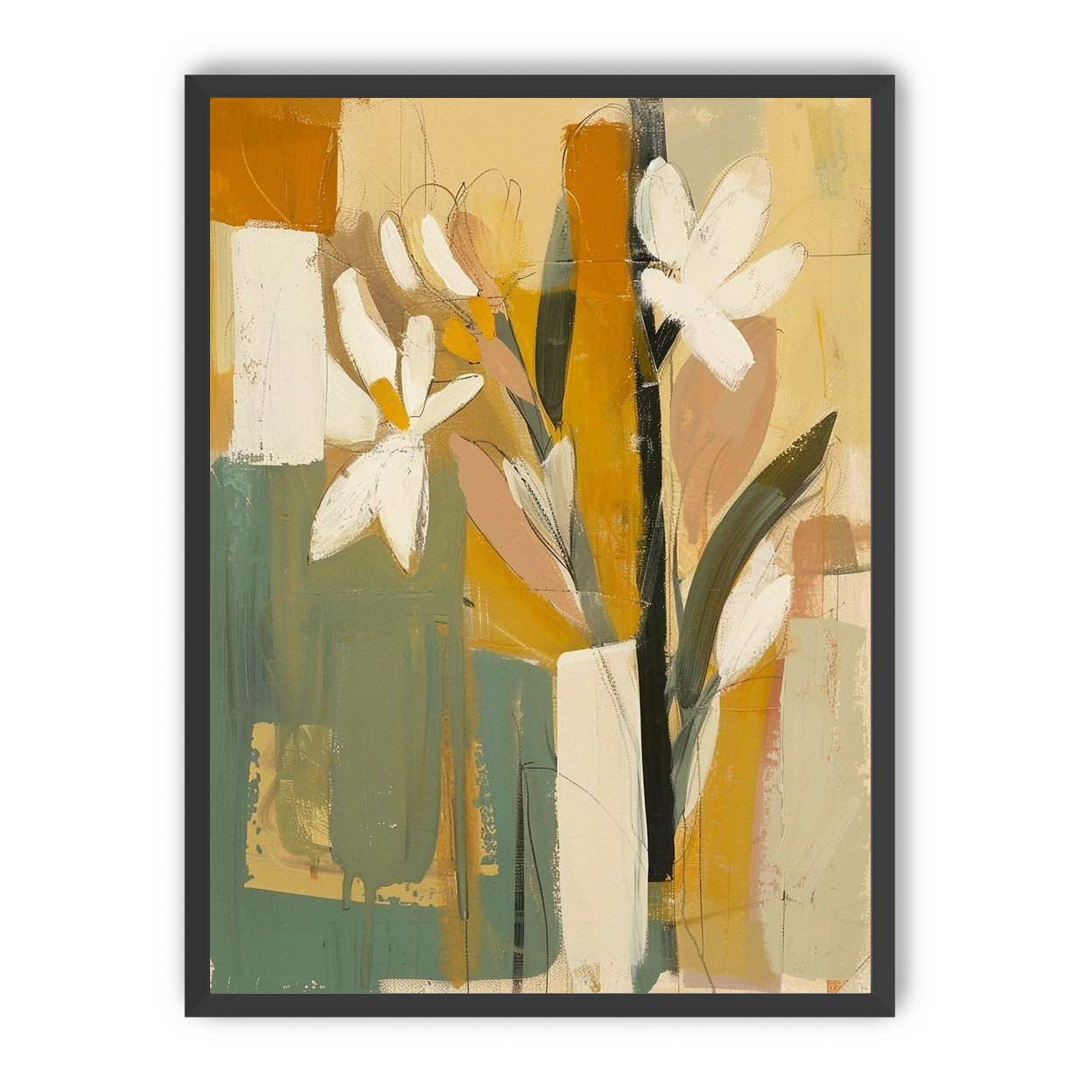White flowers in ochre blocks