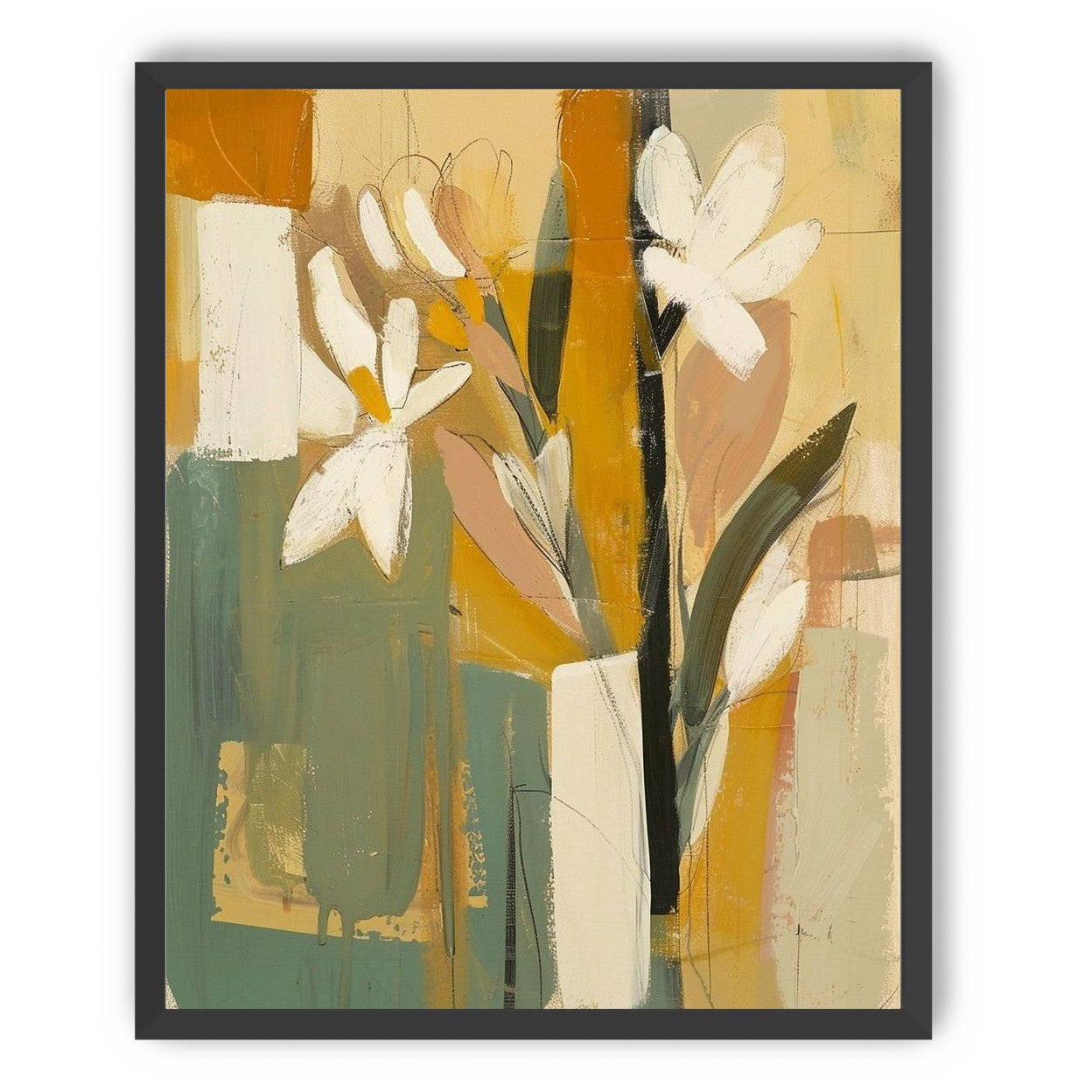 White flowers in ochre blocks