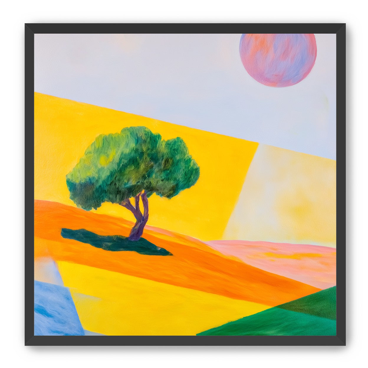 Pink sun over yellow hills