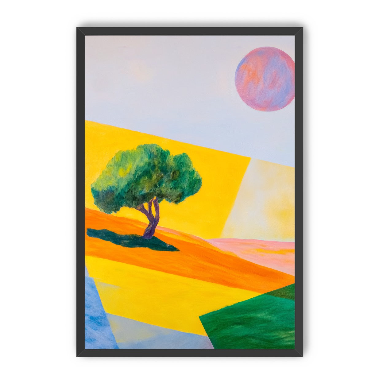 Pink sun over yellow hills