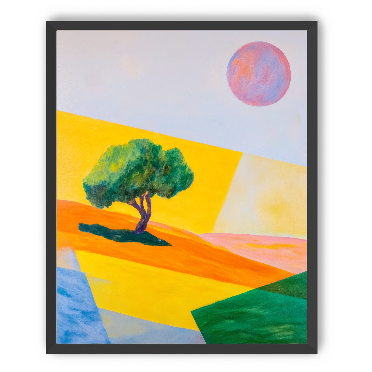 Pink sun over yellow hills